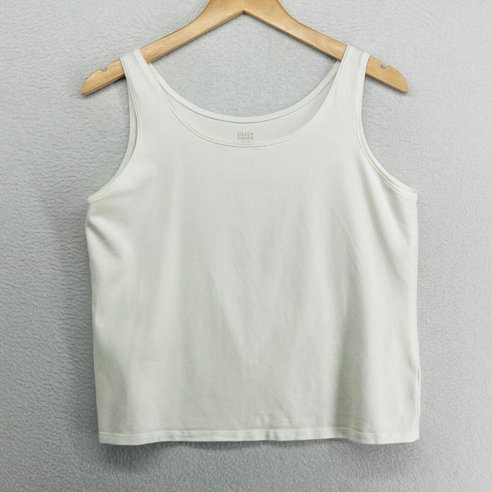 EILEEN FISHER Tank Top L Stretch Organic Cotton Jersey Scoop Neck Off White USA